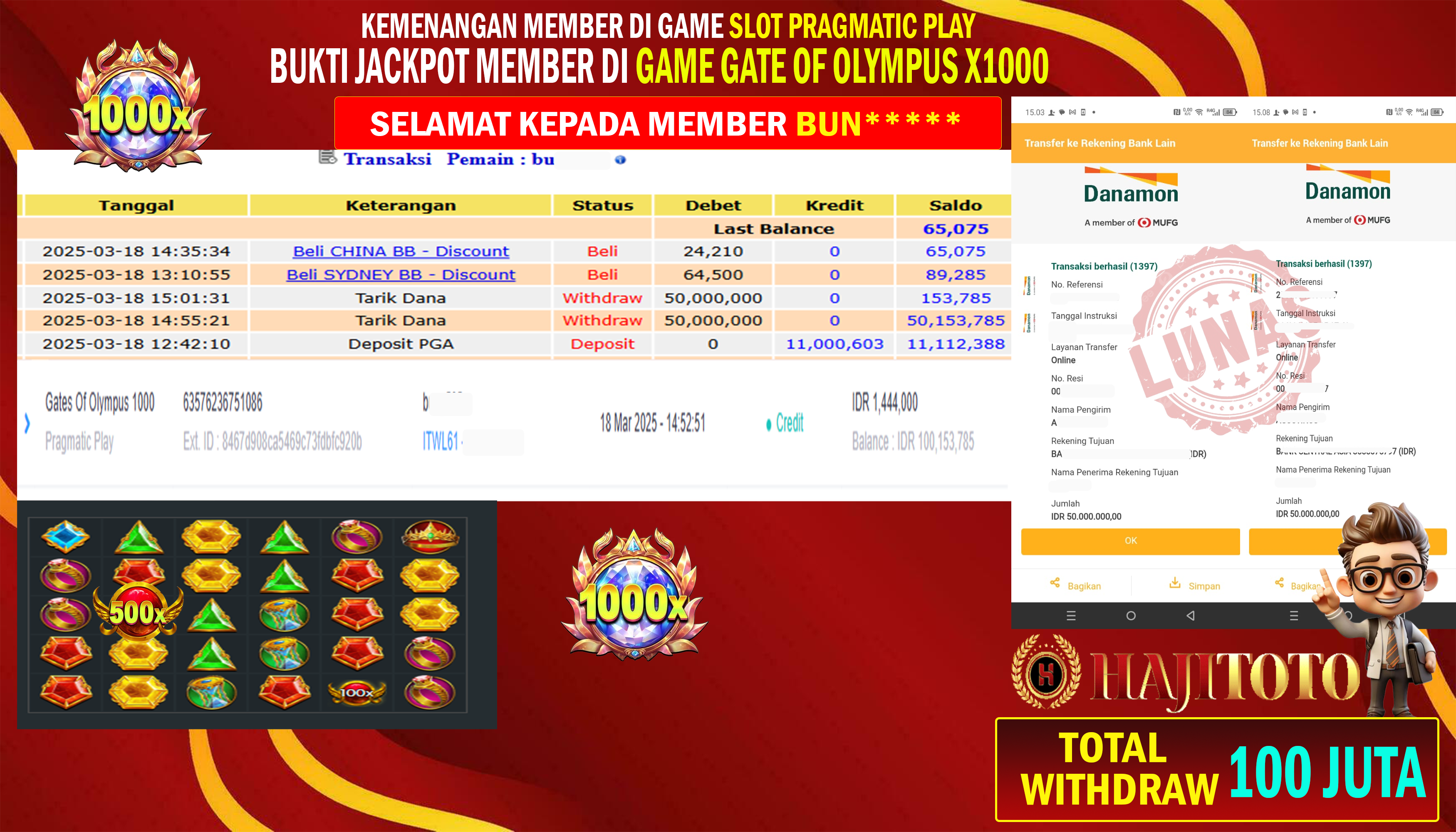 SELAMAT KEPADA PEMENANG MEMBER MERAIH JACKPOT DI GAME SLOT GATE OF OLYMPUS X1000  TOTAL RP 100.000.000 DI BAYAR LUNASS